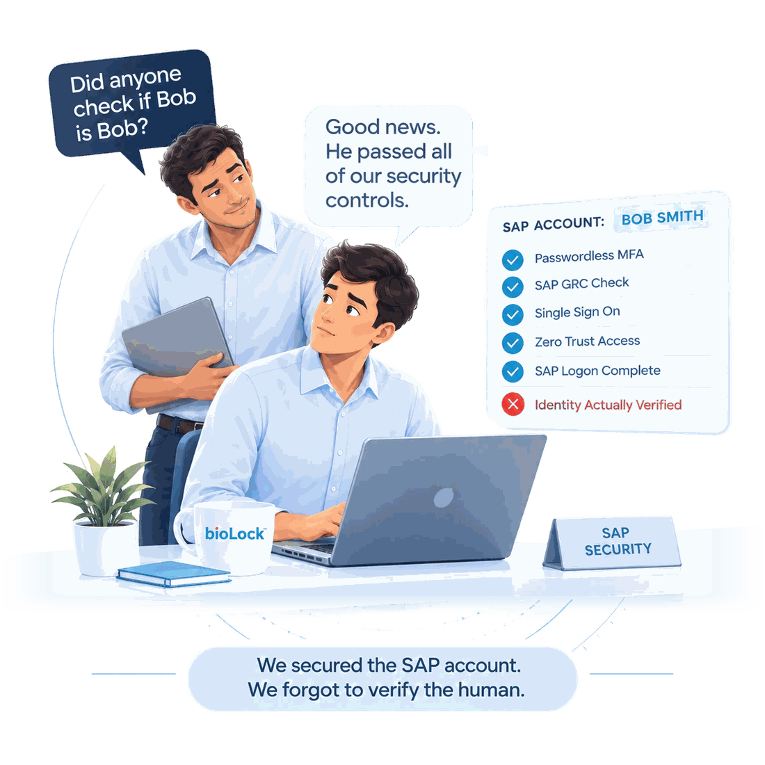 Illustration: an SAP security analyst at his desk says, ‘Good news. He passed all of our security controls.’ A colleague standing behind him, holding a laptop, asks, ‘Did anyone check if Bob is Bob?’ Beside them, the checklist for SAP account ‘Bob Smith’ shows passwordless MFA, SAP GRC check, single sign-on, zero trust access and SAP logon complete all ticked, and ‘identity actually verified’ marked with a red cross. Caption: We secured the SAP account. We forgot to verify the human.